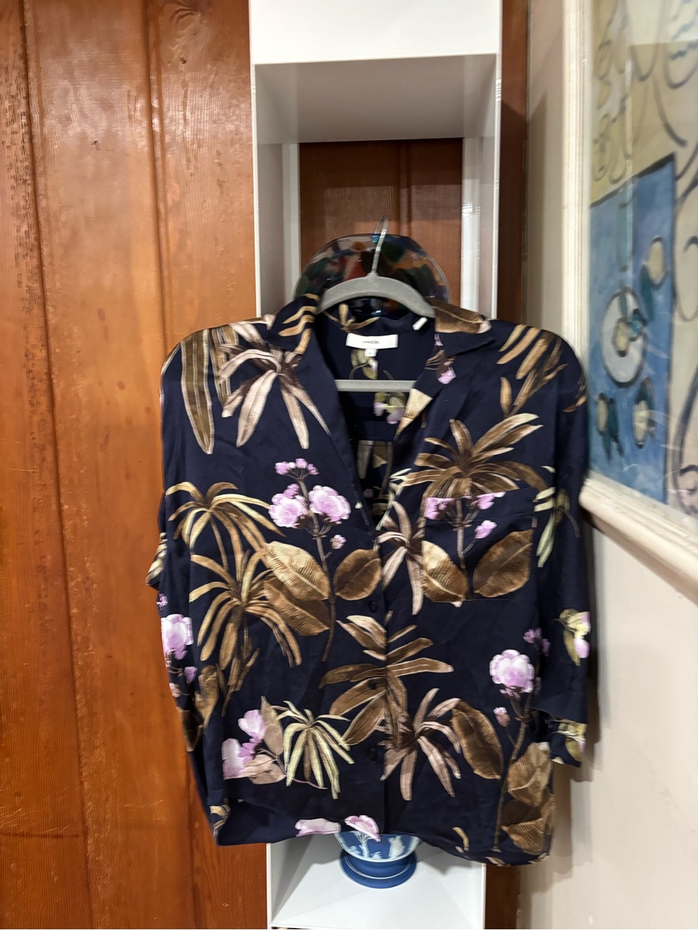 Vince Navy Floral Camp-Collar Blouse with Gold Leaves and Pink Blooms